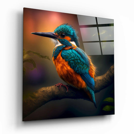 Angled view of kingfisher glass wall art displaying vibrant turquoise and orange bird perched on branch against warm gradient background.