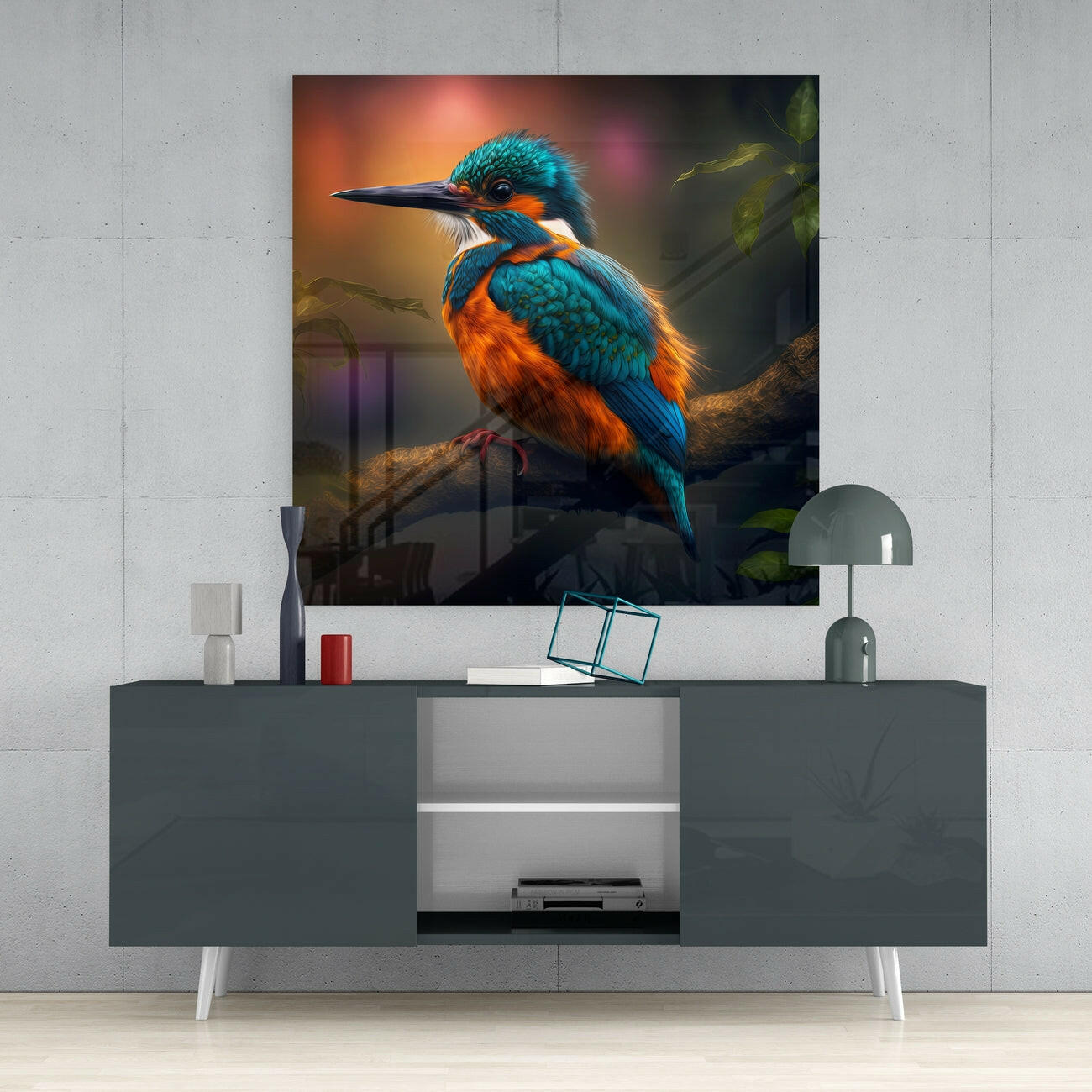 Kingfisher glass wall art displaying a turquoise and orange bird perched on a branch, displayed above a dark console table in a modern interior setting.