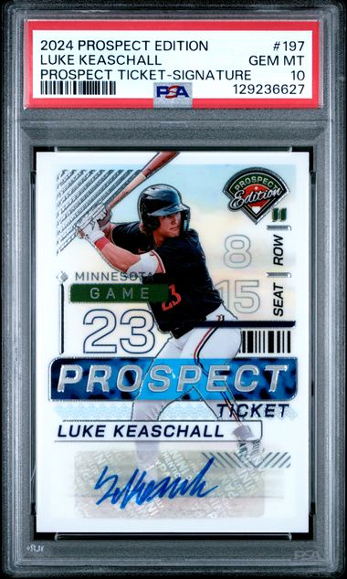 Front of graded baseball card showing Luke Keaschall in batting stance with blue autograph signature visible on white background.