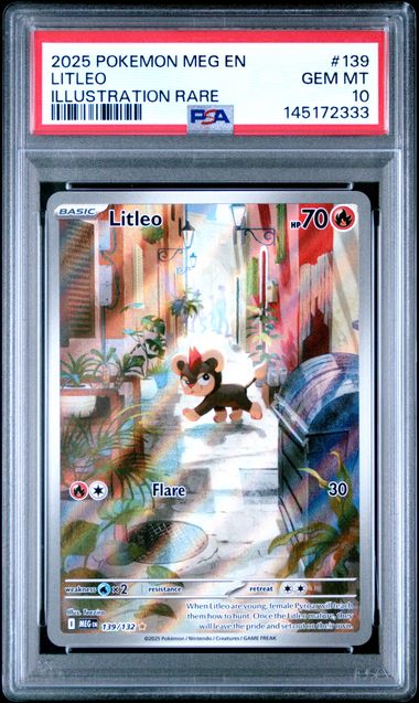 PSA-graded Litleo Pokémon trading card in clear case, showing illustration rare variant with red label and 10 gem mint rating.