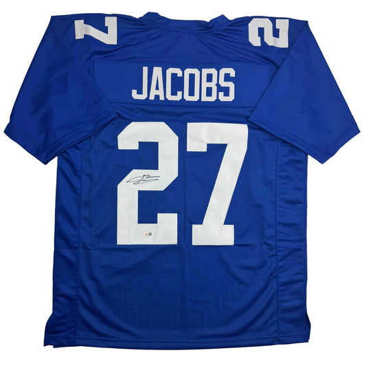 Blue New York Giants football jersey number 27 with "JACOBS" nameplate and autographed number, displayed flat front view.