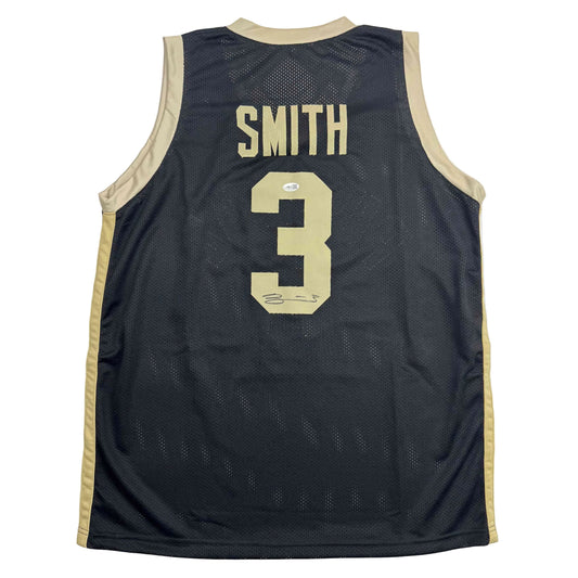 Back view of navy blue and cream Purdue basketball jersey number 3 with "SMITH" name and autograph on dark mesh fabric.