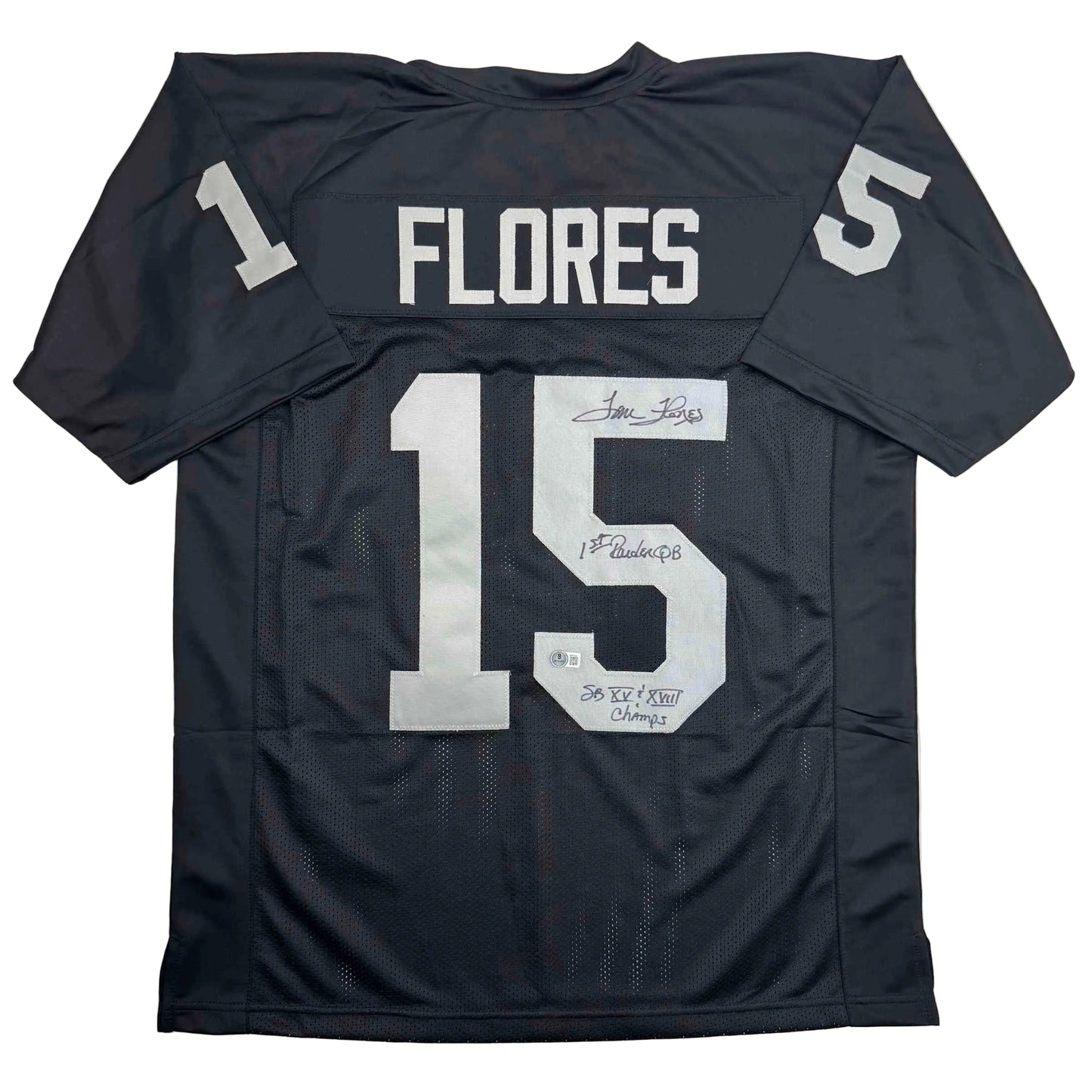 Autographed/Signed Tom Flores Las Vegas Oakland Black Football Jersey Beckett BAS COA