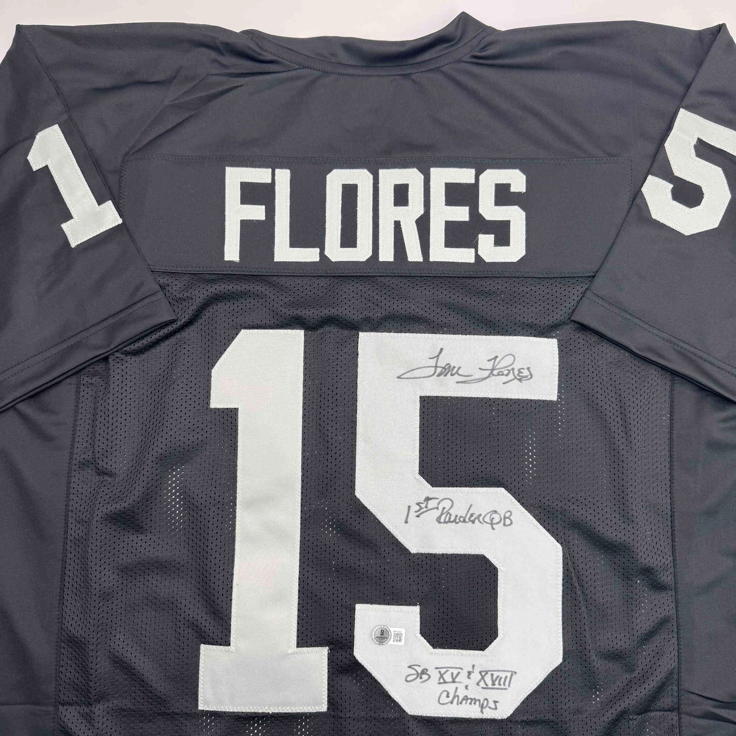 Autographed/Signed Tom Flores Las Vegas Oakland Black Football Jersey Beckett BAS COA