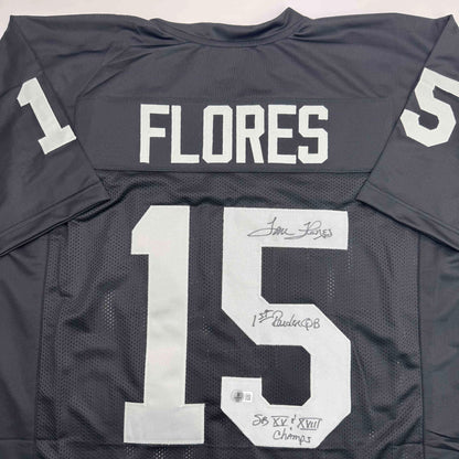 Autographed/Signed Tom Flores Las Vegas Oakland Black Football Jersey Beckett BAS COA