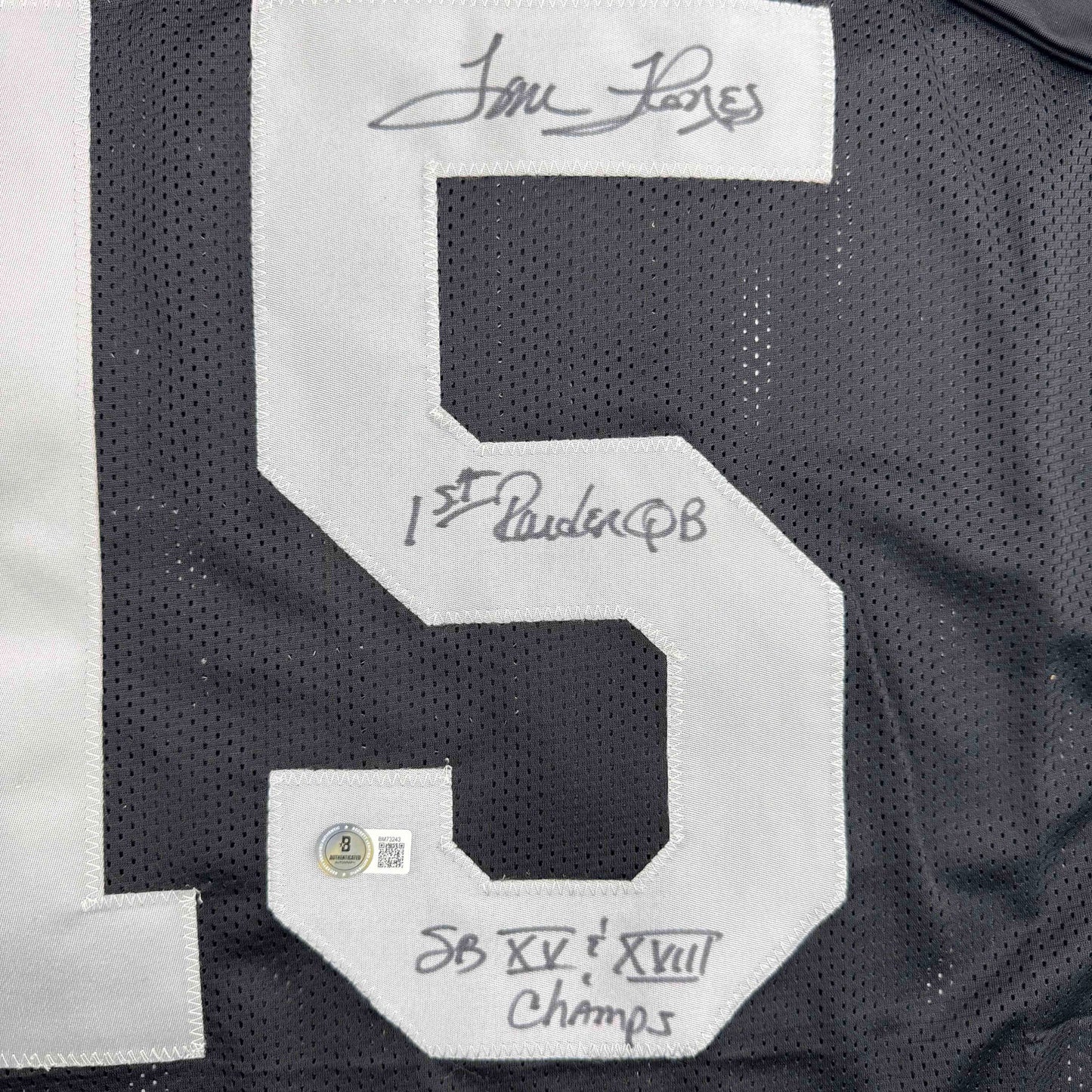 Autographed/Signed Tom Flores Las Vegas Oakland Black Football Jersey Beckett BAS COA