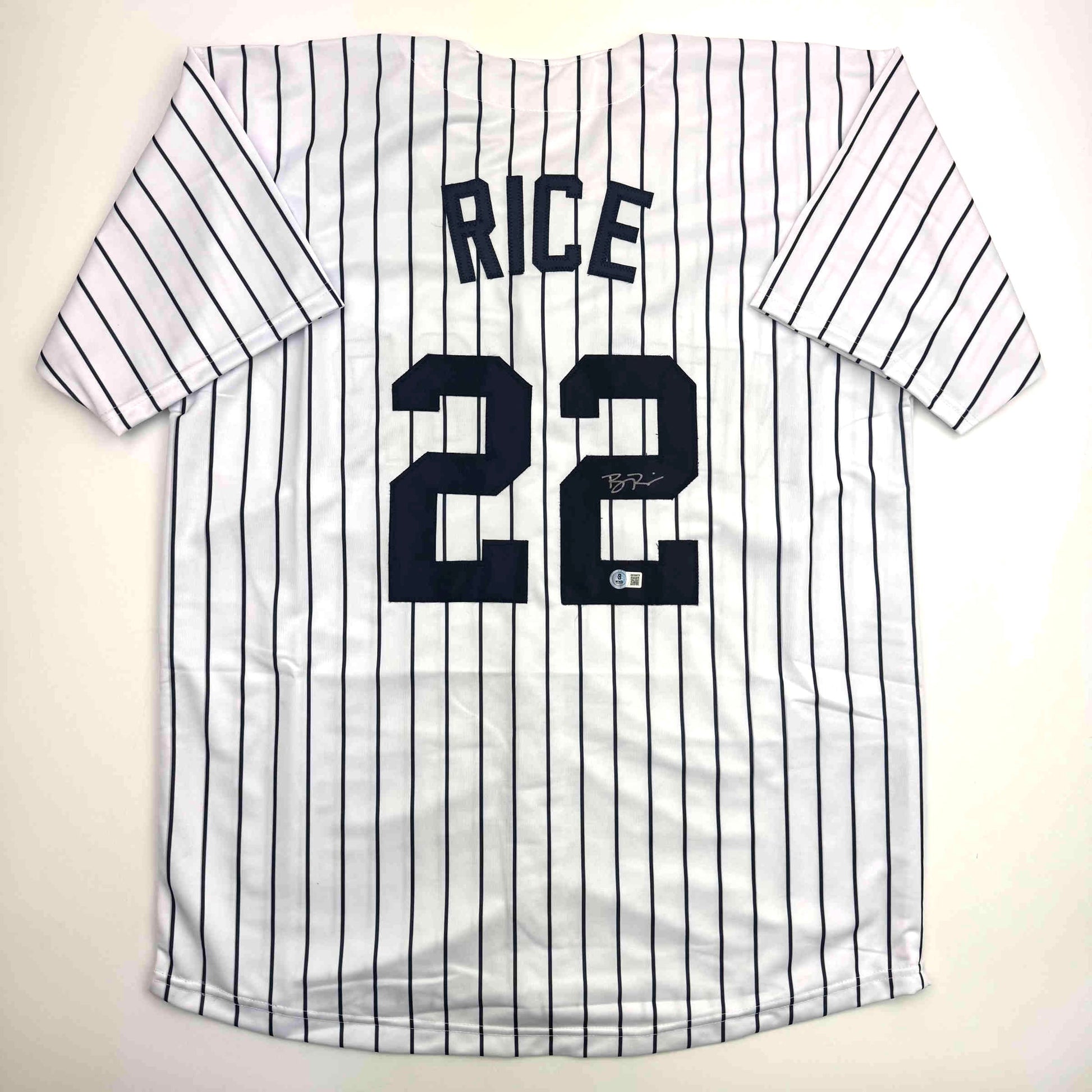 White pinstriped baseball jersey with "RICE" and number "22" in dark blue lettering, displayed flat against light background.