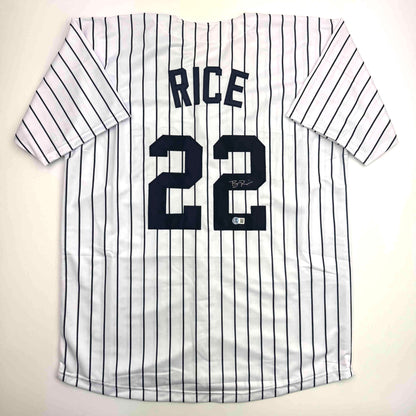 White pinstriped baseball jersey with "RICE" and number "22" in dark blue lettering, displayed flat against light background.