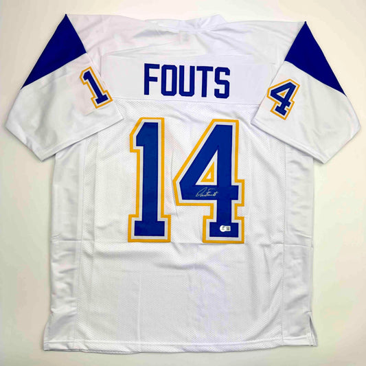 White San Diego Chargers jersey number 14 with navy and gold lettering, displayed flat with sleeves spread, showing front view and "FOUTS" nameplate.