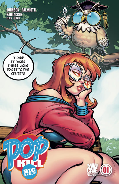 Comic cover art: a red-haired woman in white-framed glasses and a red jacket, with a graduation-capped owl overhead.