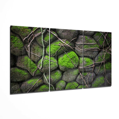 Three-panel glass wall art displaying moss-covered gray stones with brown vine tendrils across bright green and dark surfaces.