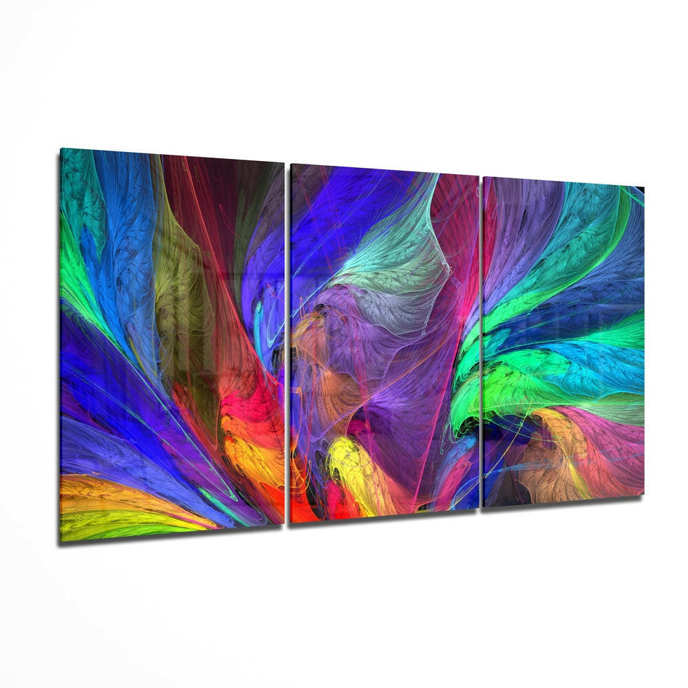 Three-panel glass wall art displaying vibrant swirling abstract patterns in blue, purple, green, yellow, and red tones arranged horizontally.