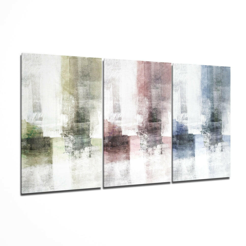 Three-panel glass wall art in pastel green, mauve, and blue tones with textured white and neutral layered abstract design, displayed at an angle.