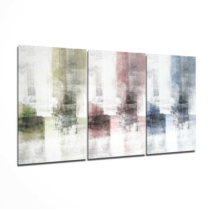 Three-panel glass wall art in pastel green, mauve, and blue tones with textured white and neutral layered abstract design, displayed at an angle.