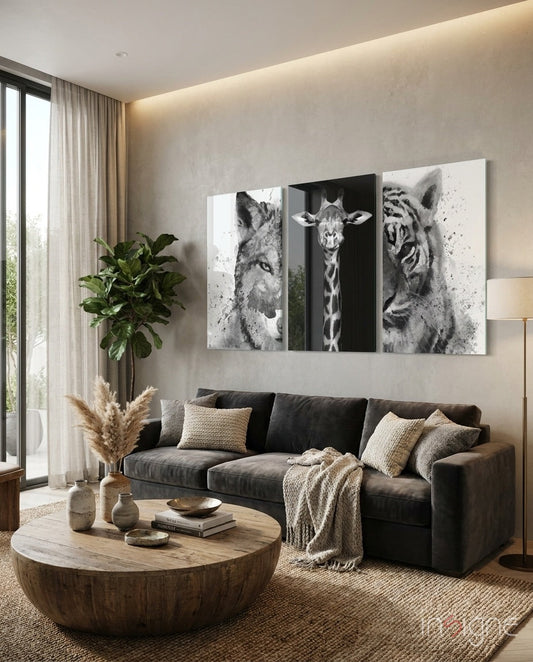 Three black and white animal portrait glass panels displayed above a dark sofa in a modern living room interior.