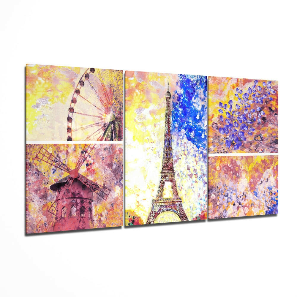 Three-panel glass wall art displaying colorful watercolor renderings of Paris landmarks including the Eiffel Tower, Ferris wheel, and windmill in vibrant yellows, blues, and pinks.