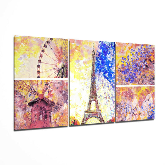 Three-panel glass wall art displaying colorful watercolor renderings of Paris landmarks including the Eiffel Tower, Ferris wheel, and windmill in vibrant yellows, blues, and pinks.