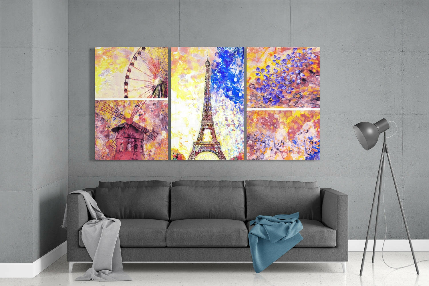 Colorful glass wall art panels featuring Paris landmarks displayed above gray sofa in modern living room.