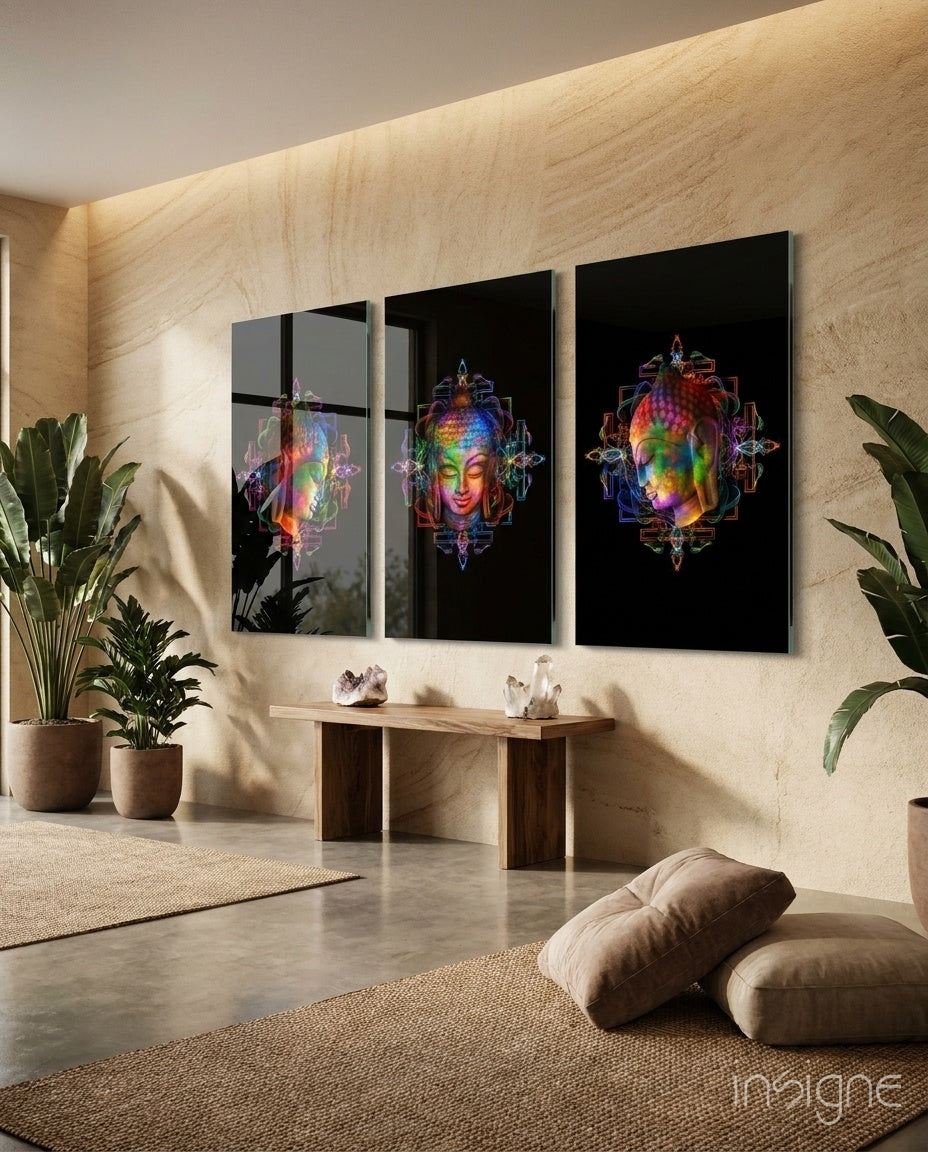 Neon Rainbow Buddha Head Trio Glass Wall Art
