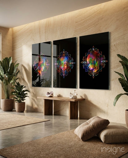 Neon Rainbow Buddha Head Trio Glass Wall Art