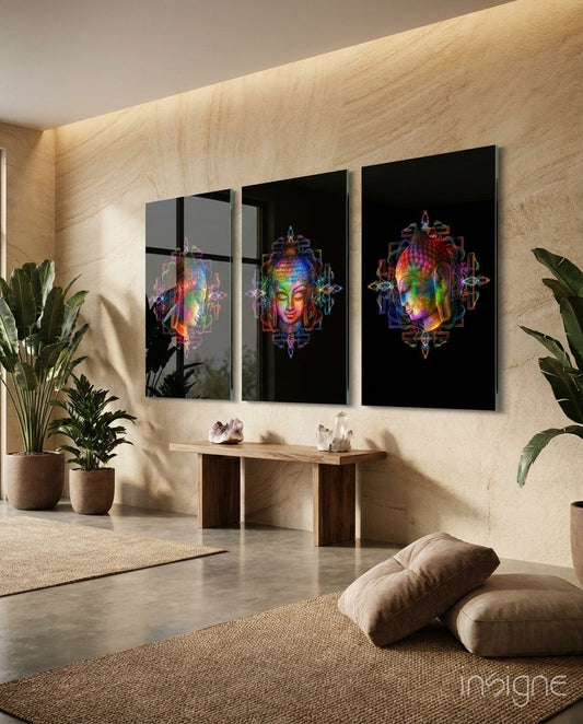 Three neon rainbow Buddha head glass panels displayed on a textured beige wall above a wooden console table in a minimalist interior space.