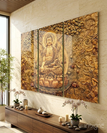Carved Gold Buddha Lotus Relief Glass Wall Art