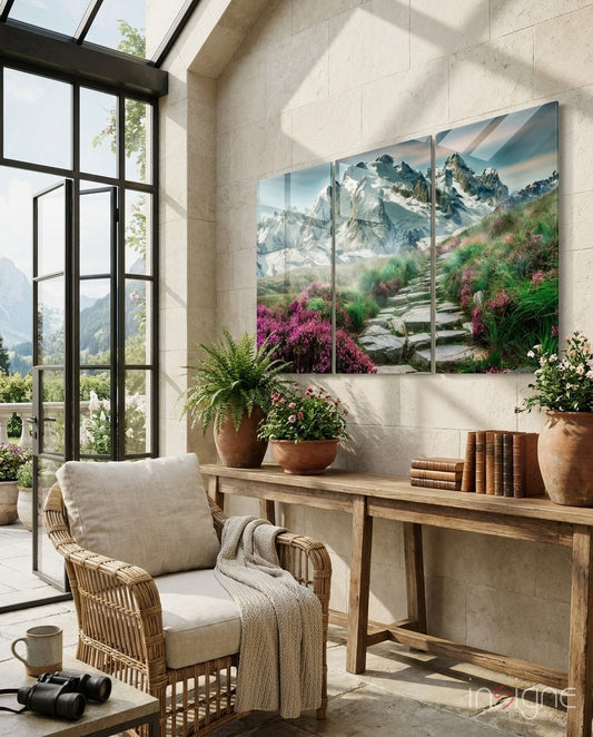 Multi-panel glass wall art depicting snow-capped mountains and purple flowering plants displayed above wooden desk in sunlit room.