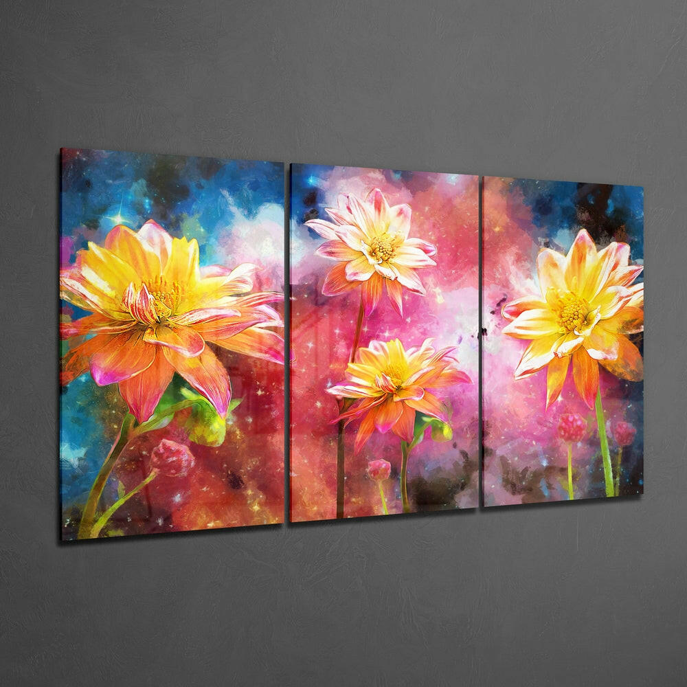 Three-panel glass wall art displaying vibrant yellow and orange flowers against colorful abstract blue, pink, and red watercolor backgrounds on gray wall.
