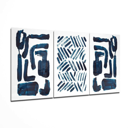 Three-panel glass wall art set displaying navy blue abstract brushstrokes and geometric patterns on white background.