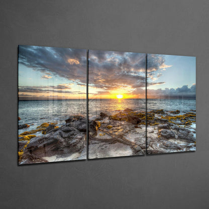 Mossy Rocky Shore At Sunset Glass Wall Art