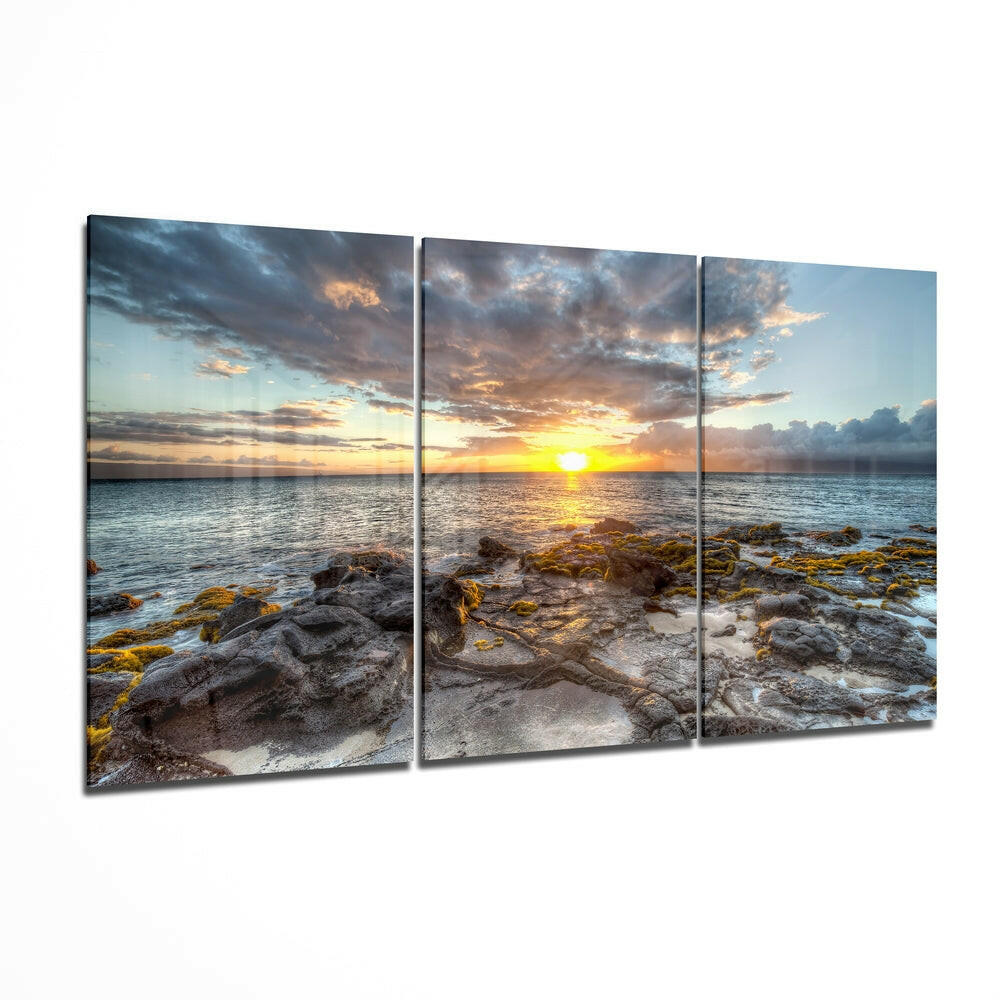 Mossy Rocky Shore At Sunset Glass Wall Art
