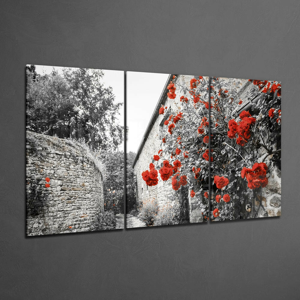 Three-panel glass wall art display showing black and white stone buildings with bright red flowers, mounted on gray wall.
