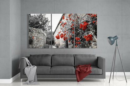 Three-panel glass wall art displaying black and white stone architecture with vibrant red flowers, hung above gray sofa in modern living room.