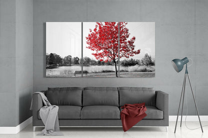 Three-panel glass wall art depicting a black and white landscape with a vibrant red tree, displayed above a gray sofa in a modern living room.