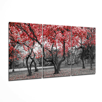 Three-panel glass wall art showing a park with bare black tree trunks and vibrant red blossoms against grayscale background, displayed at an angle.