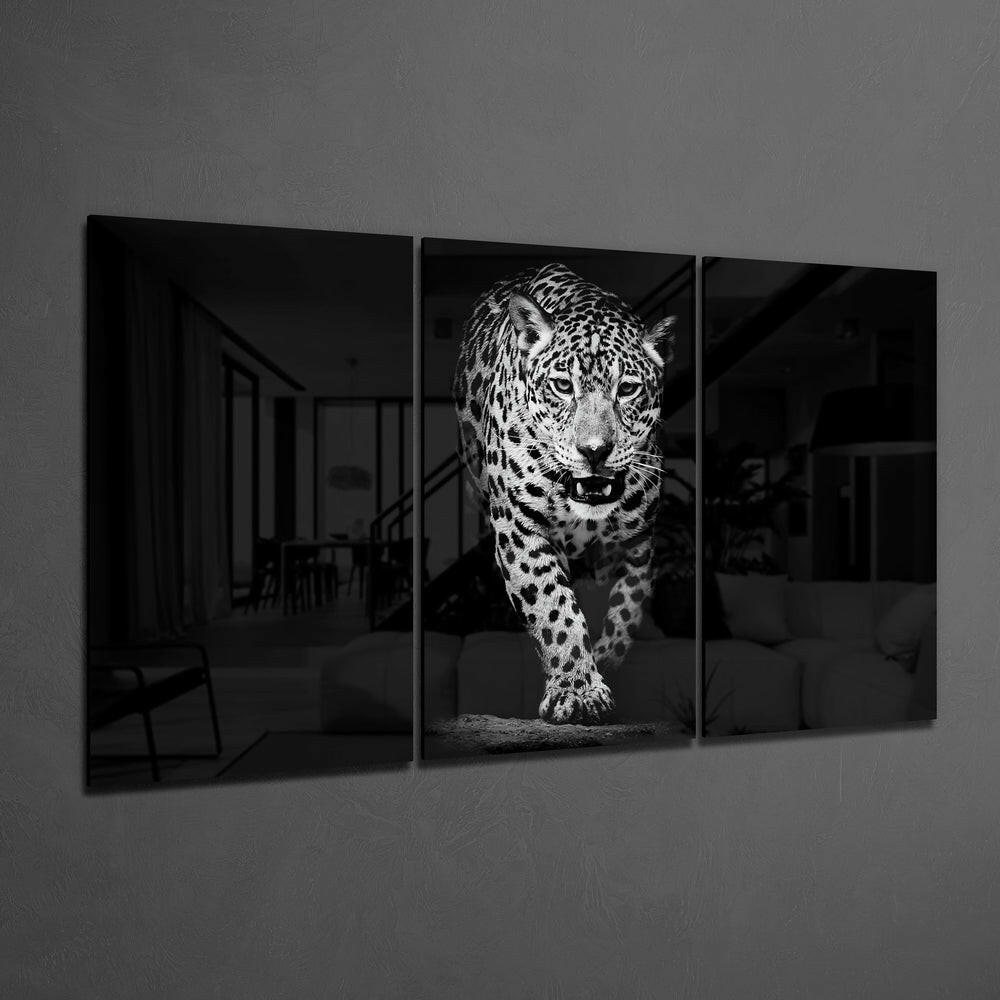 Three black glass panels displaying a black and white leopard photograph mounted on a gray wall.