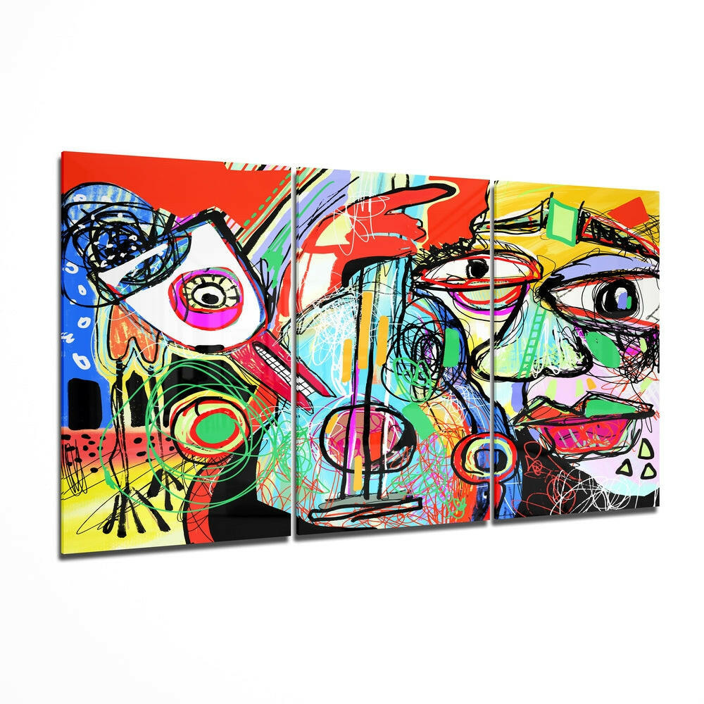Three-panel abstract glass wall art displaying vibrant multicolored geometric shapes, eyes, and scribbled lines in red, yellow, blue, and green against white backgrounds.