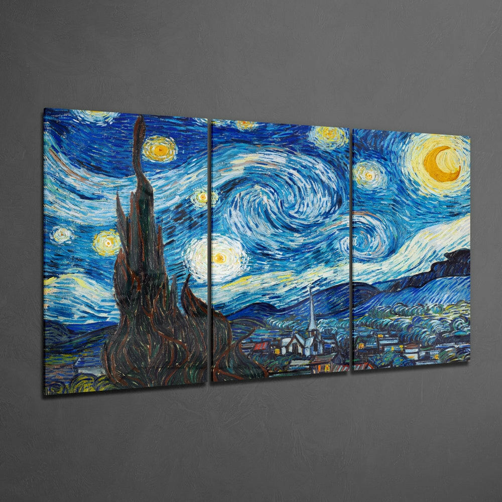 Three-panel glass wall art displaying Van Gogh's Starry Night with swirling blue sky, yellow stars, and dark cypress tree against gray wall.