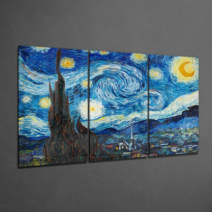 Three-panel glass wall art displaying Van Gogh's Starry Night with swirling blue sky, yellow stars, and dark cypress tree against gray wall.