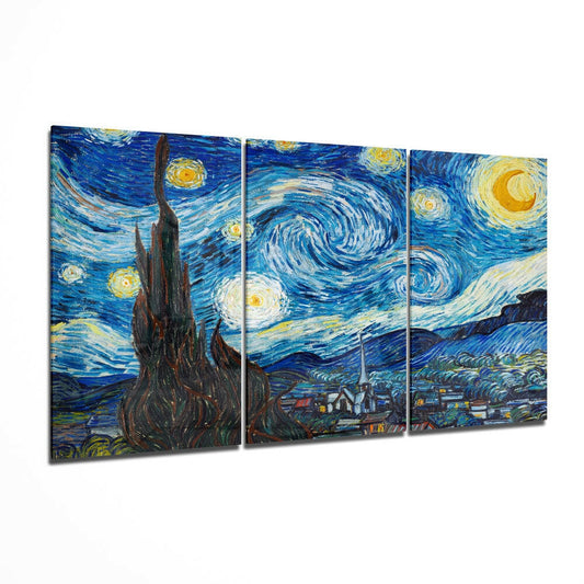 Three-panel glass wall art displaying Van Gogh's Starry Night in blue, yellow, and brown tones against white background.