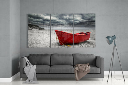 Red Rowboat On Stormy Grey Beach Glass Wall Art