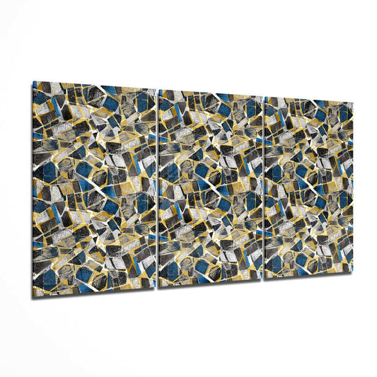 Three-panel glass wall art displaying a geometric mosaic pattern of blue, gold, black, and white angular shapes arranged in a seamless repeating design.