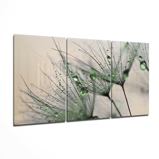 Three-panel glass wall art displaying macro close-up of dandelion seedheads with water droplets against soft beige background.