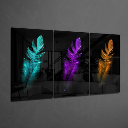 Neon Teal Purple Gold Feather Trio Glass Wall Art