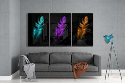 Neon Teal Purple Gold Feather Trio Glass Wall Art