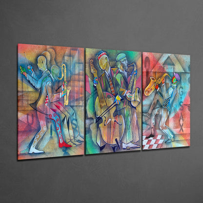 Colorful Cubist Jazz Band Musicians Glass Wall Art