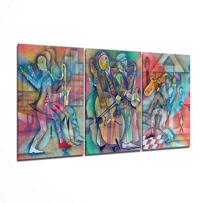 Colorful Cubist Jazz Band Musicians Glass Wall Art