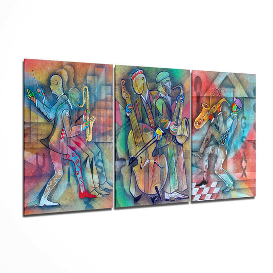 Three-panel glass wall art displaying cubist jazz musicians with instruments in vibrant multicolored geometric styles, angled display view.