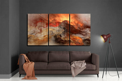Three-panel volcano glass wall art displaying fiery orange and golden lava landscapes above brown sofa in modern living room.
