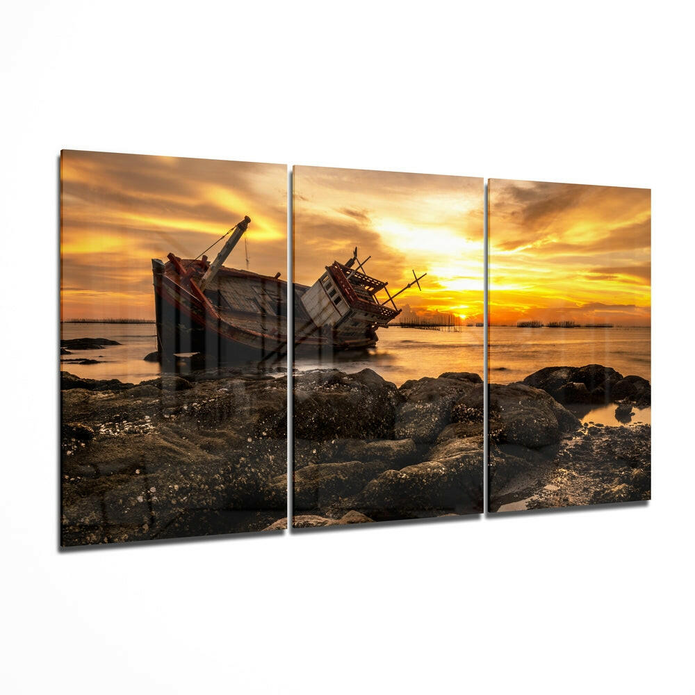 Shipwreck Golden Sunset Rocky Shore Glass Wall Art